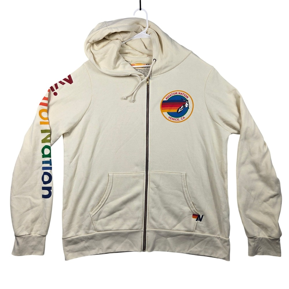 Aviator Nation Zip Hoodie Mens XXL Cream Excellent Rainbow Logo Venice CA USA